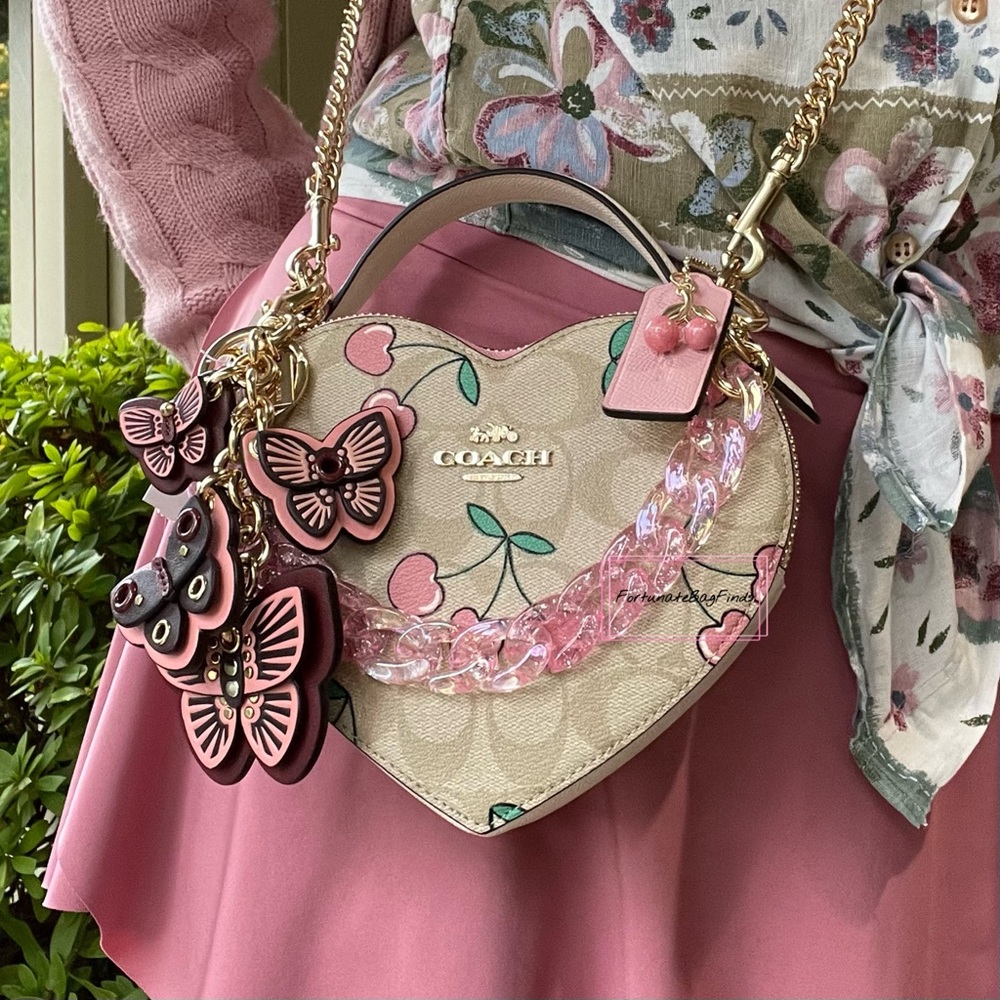 Coach Set Heart Cherry Print Heart Shaped Crossbody Butterfly Cluster Charm - Picture 1 of 14
